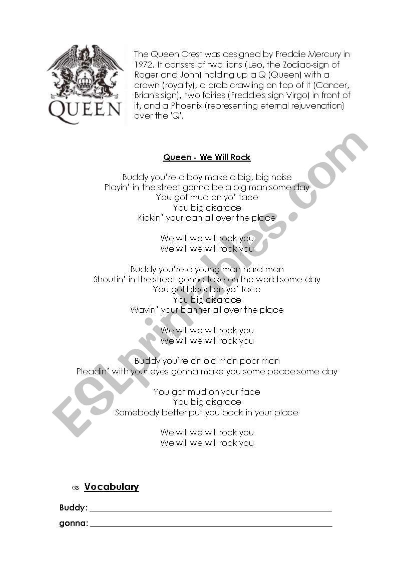 Queen - We Will Rock You worksheet