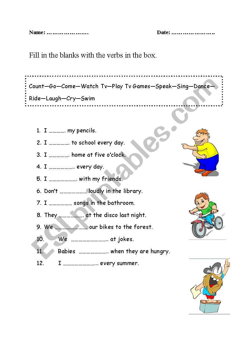 Action verbs exercise worksheet