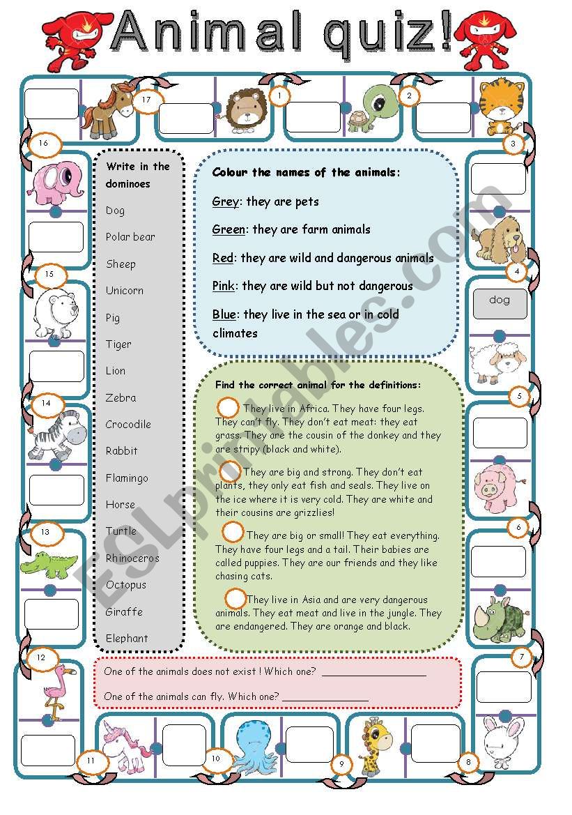 animal quiz dominoes worksheet