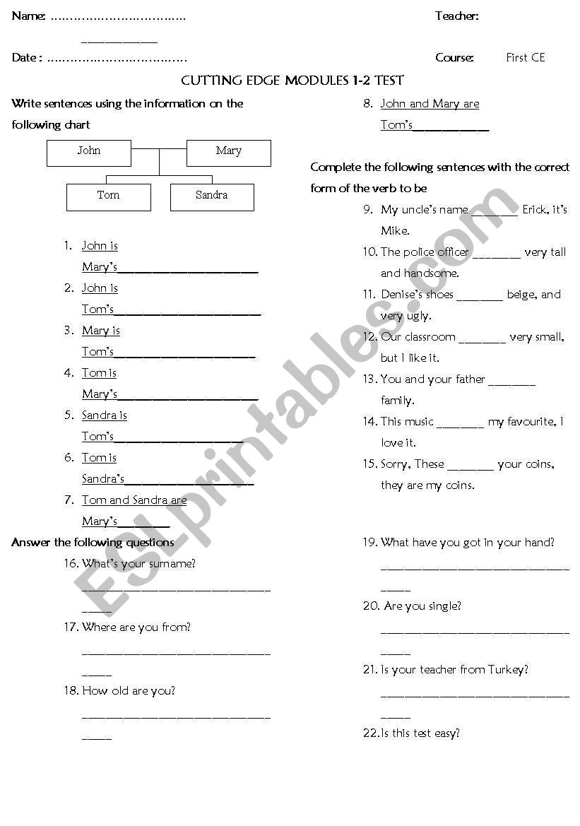 New Cutting Edge Elementary Module 1 test