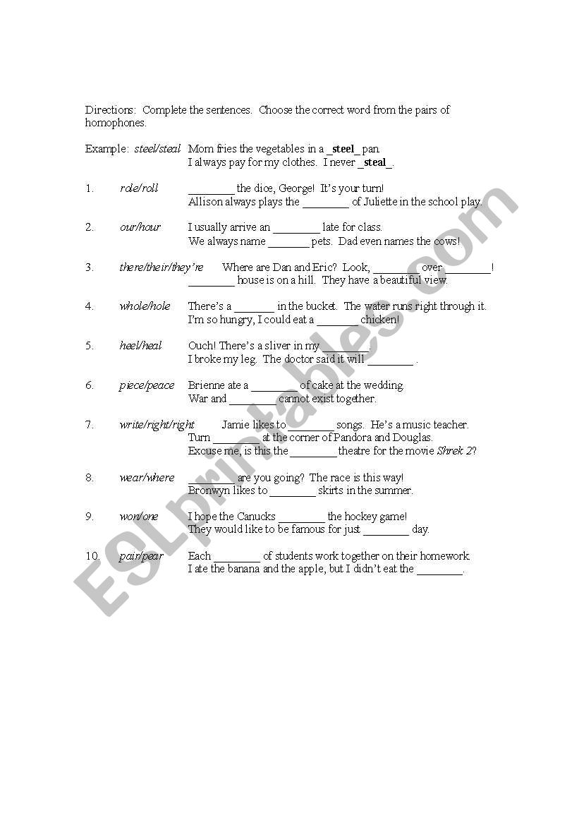 Common Homophones worksheet