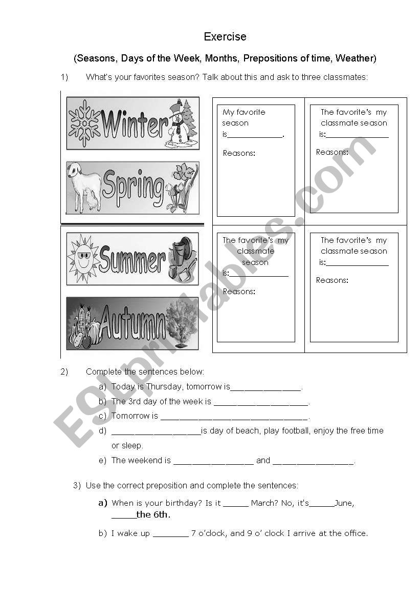 Exercise - (Seasons, Days of the Week, Months, Prepositions of time, Weather)