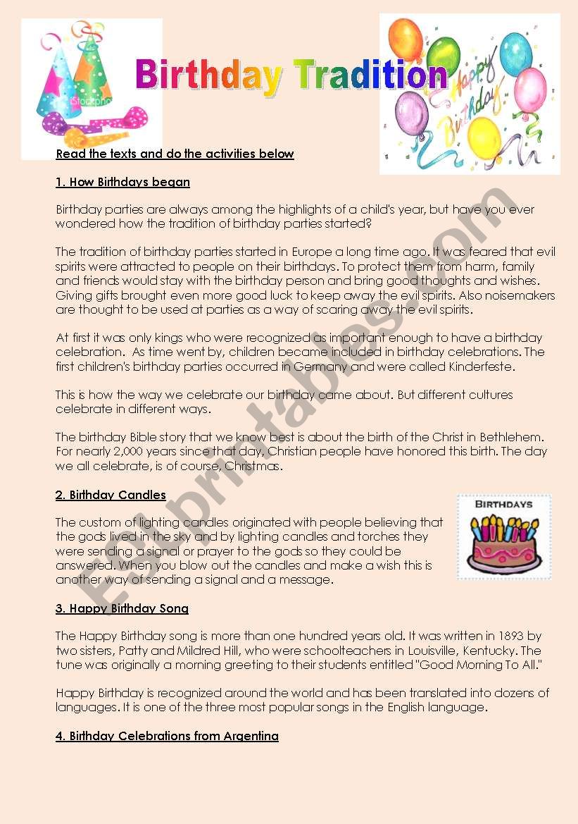 BIRTHDAY TRADITION worksheet