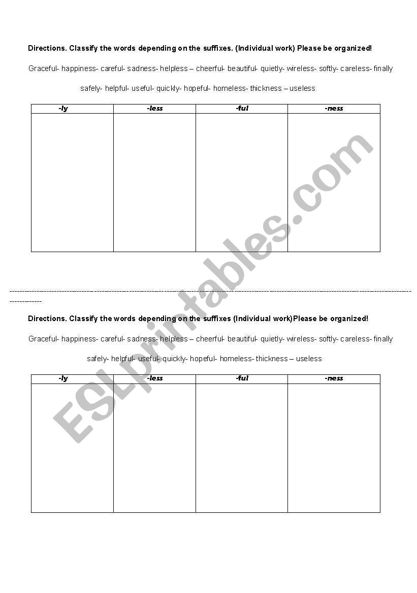 suffixes ly less ness ful worksheet