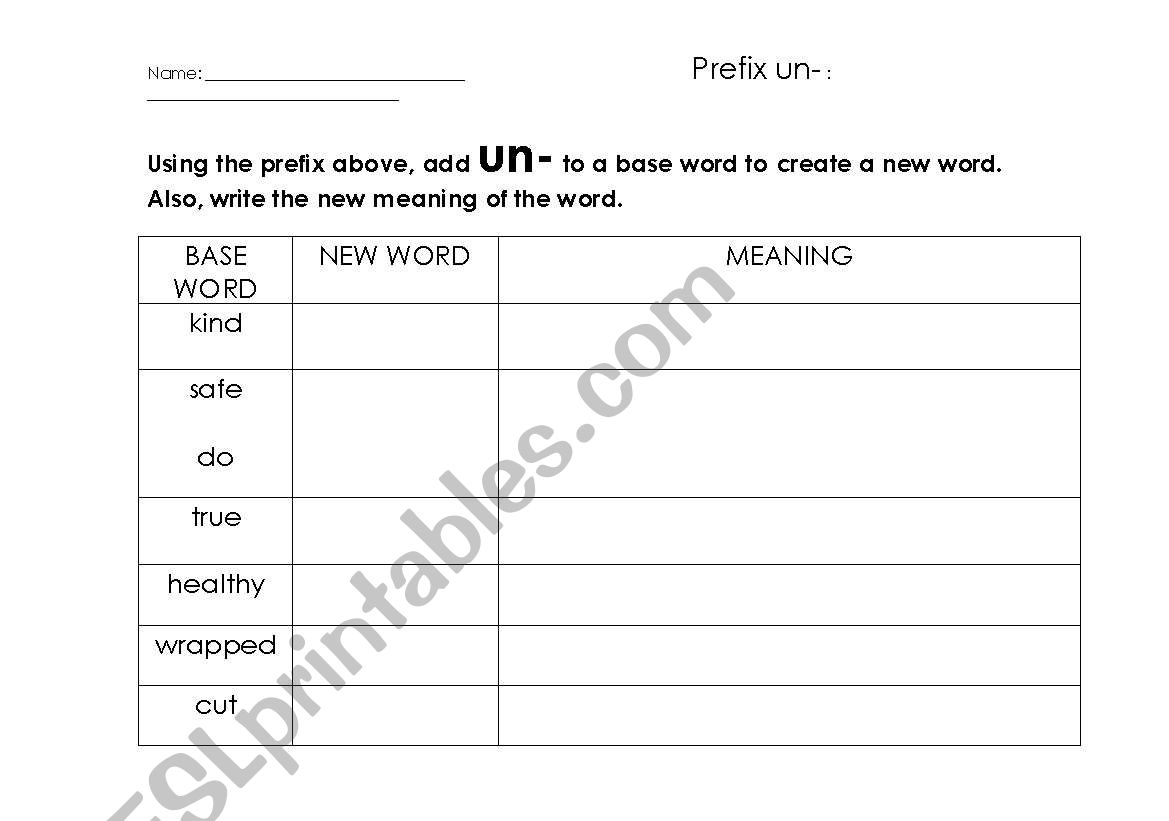 Prefix -un  worksheet