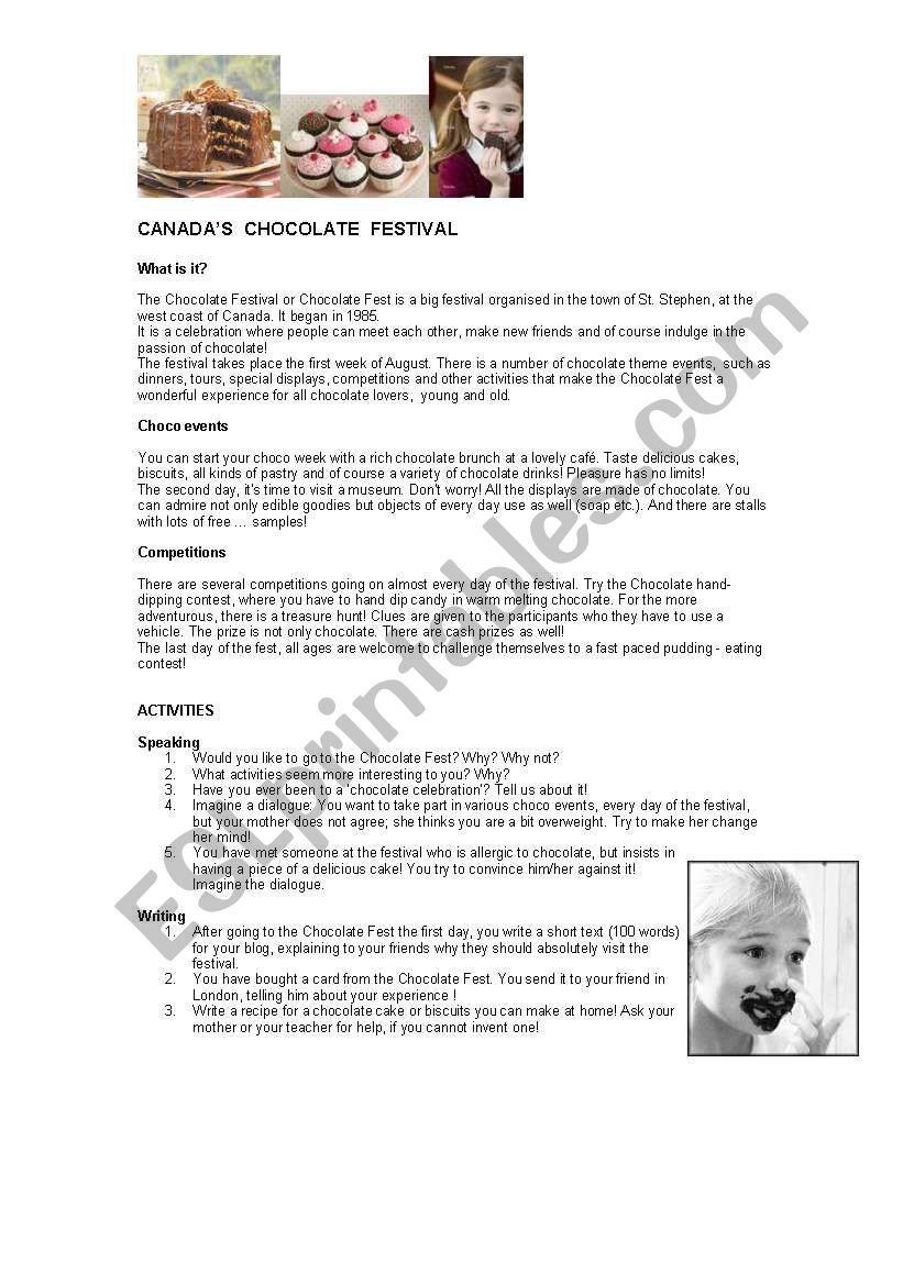 Canadas chocolate festival worksheet