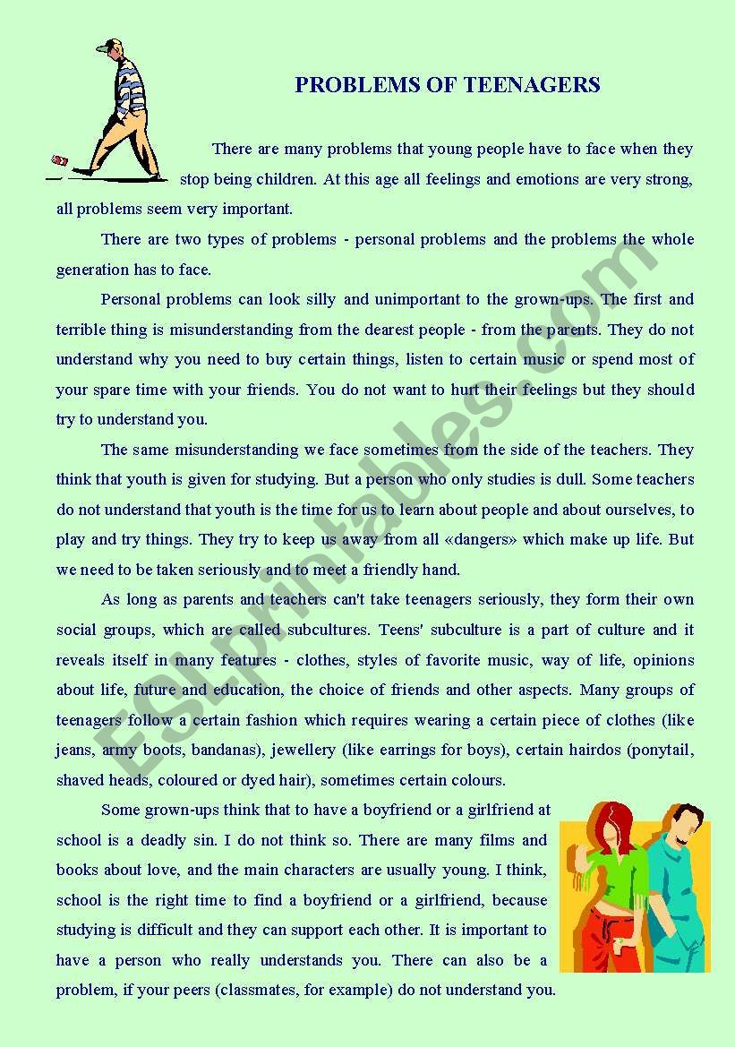 The text about teenagers problems with flashcards. 4 pages