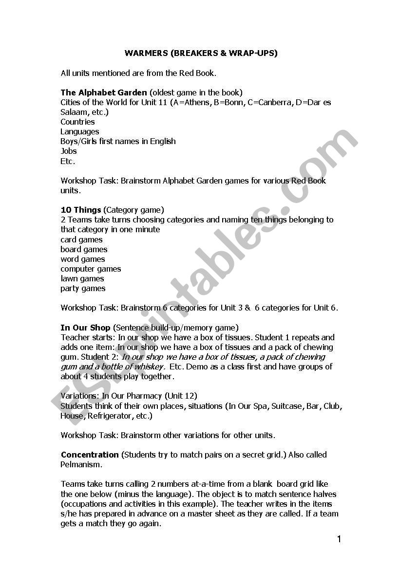 Warmers worksheet