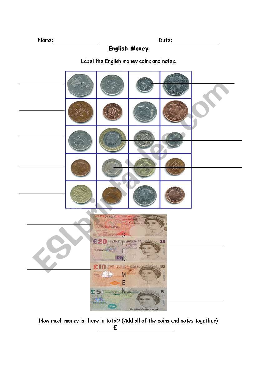 English Money Coins and Notes worksheet