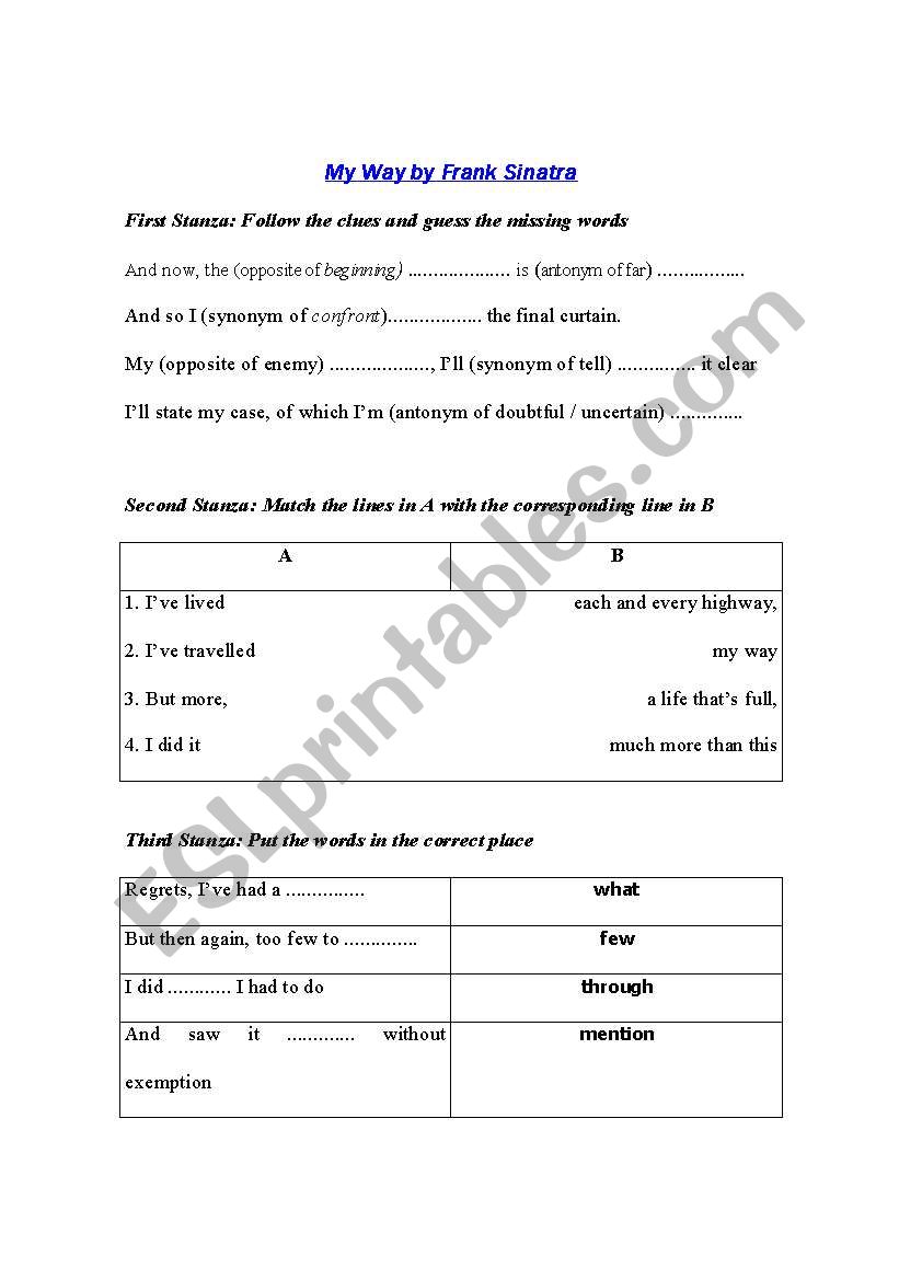 My Way by Frank Sinatra  worksheet