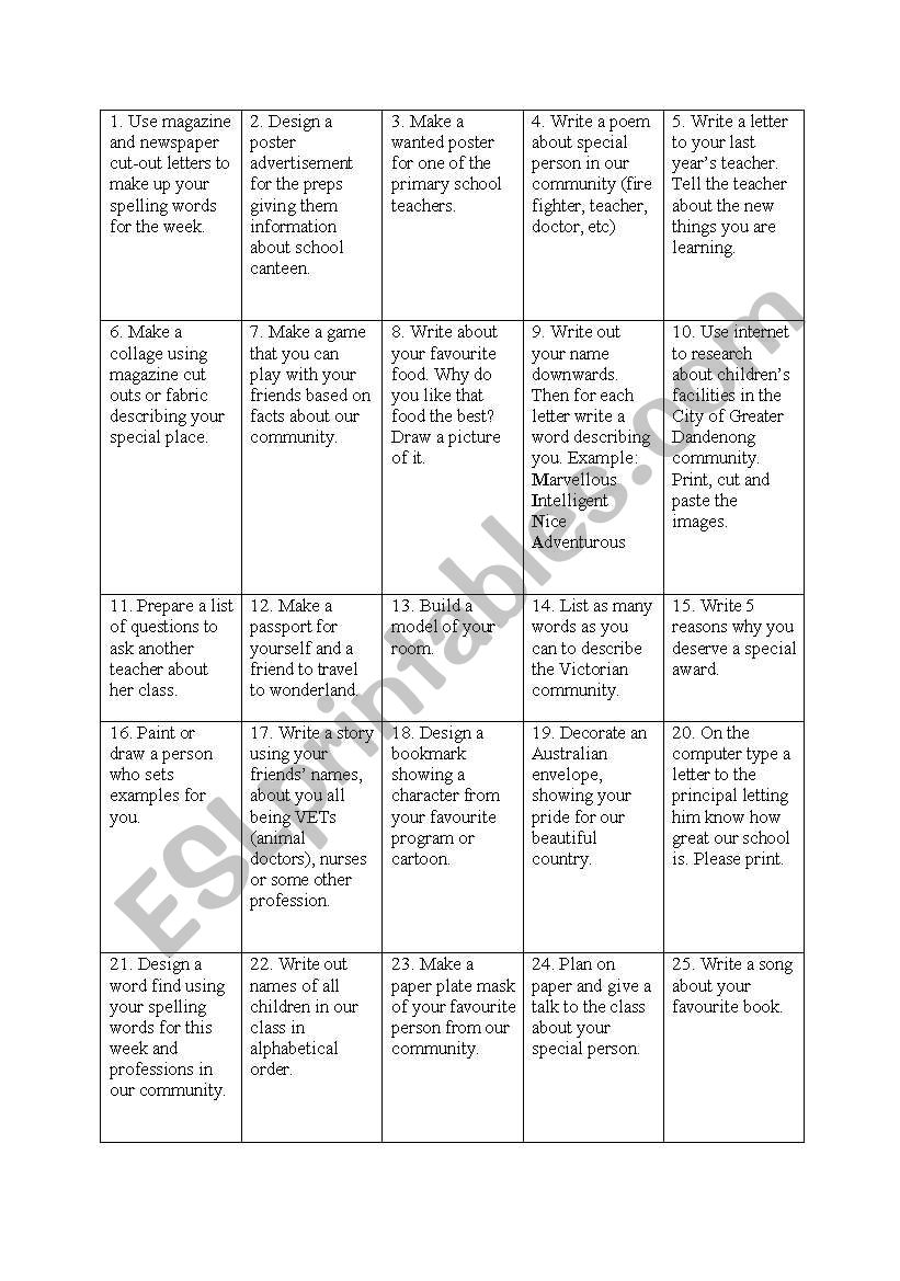 Spelling Homework worksheet