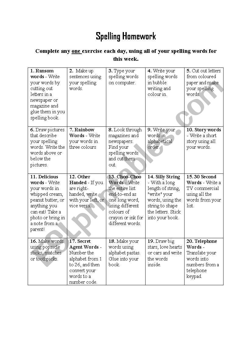 Spelling Homework 2 worksheet