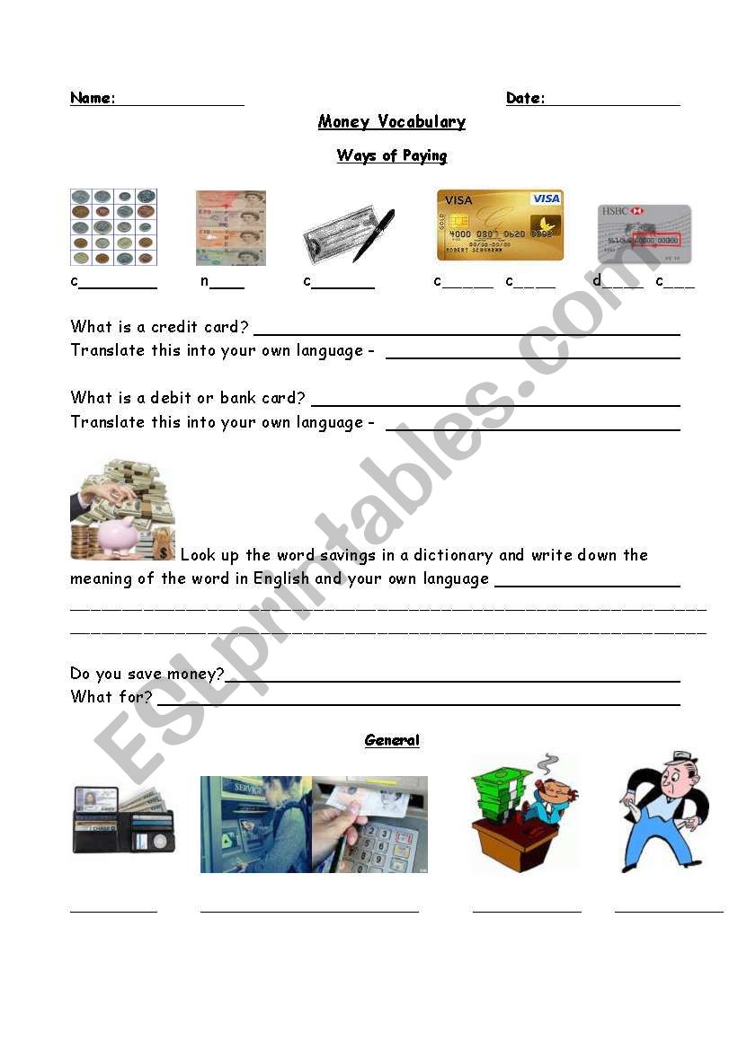 Basic Money Vocabulary worksheet