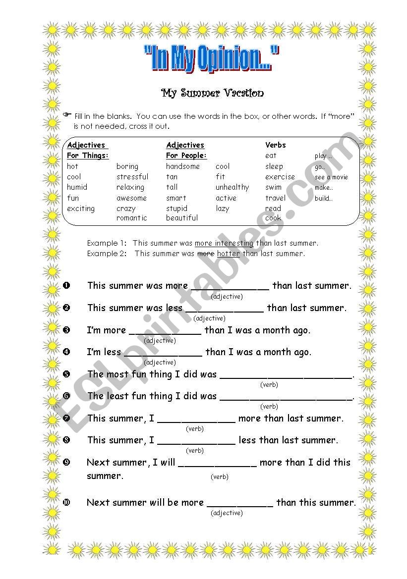 Reflecting on Summer Vacation worksheet