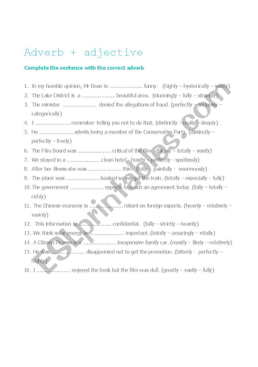adverb + adjective worksheet