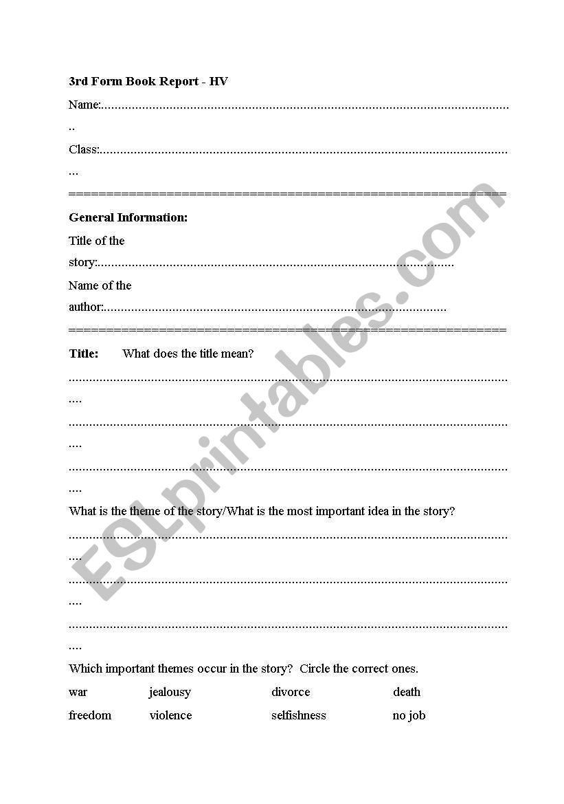 bookreport form third class worksheet