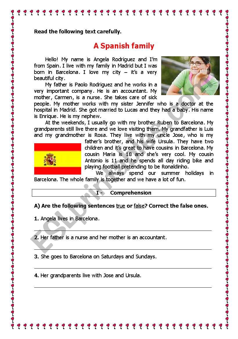 A Spanish family - ESL worksheet by ladybug Within Spanish Reading Comprehension Worksheet