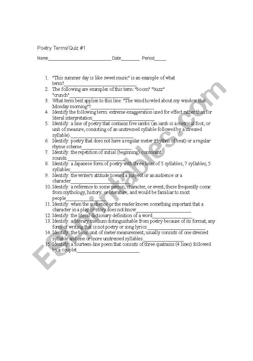Poetry Terms Review  worksheet