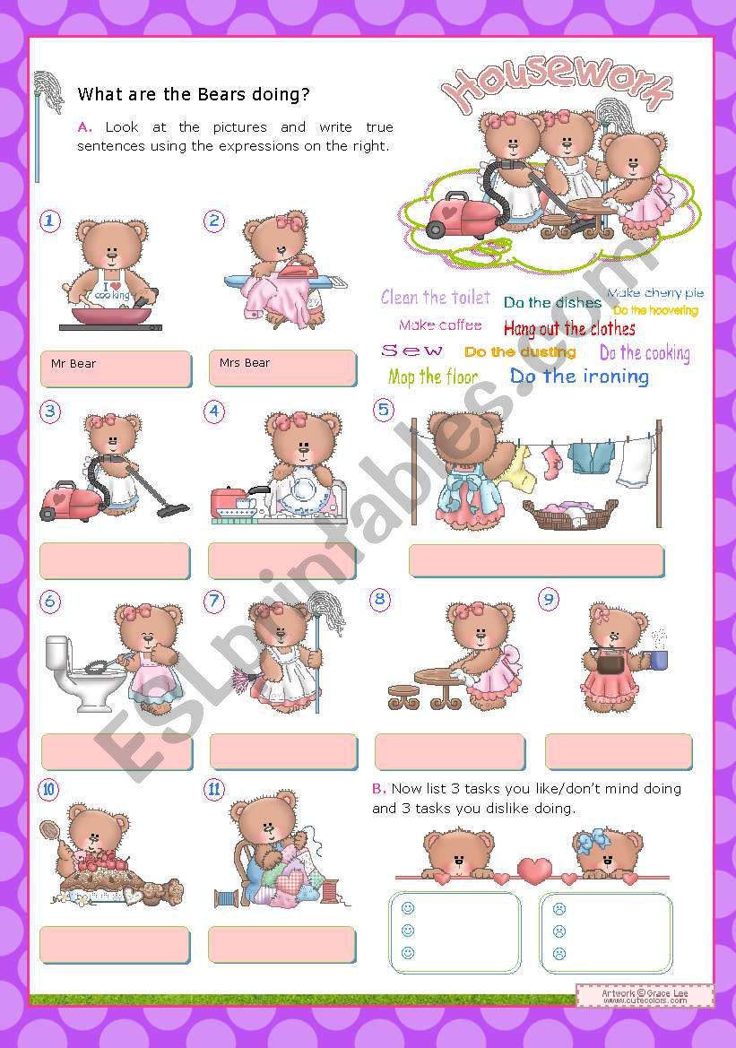 HOUSEWORK  (2/3)  -  What are the Bears doing?  Basic Household chores for Elementary Students