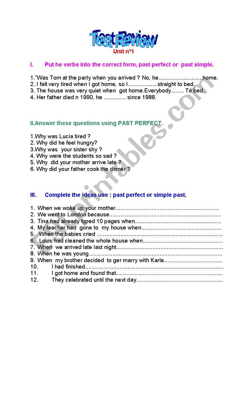 past perfect worksheet