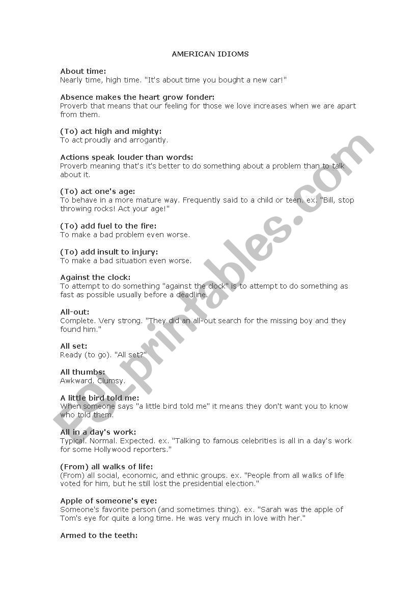 AMERICAN IDIOMS worksheet