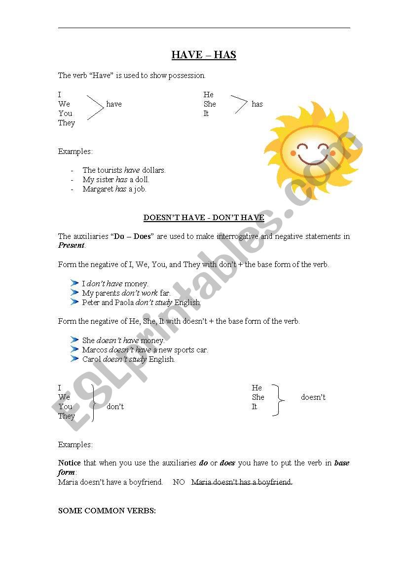 have and has worksheet