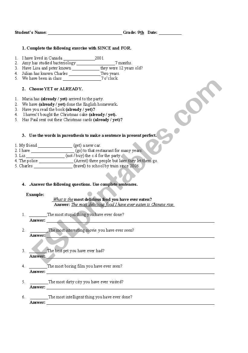 present perfect - fill in blanks