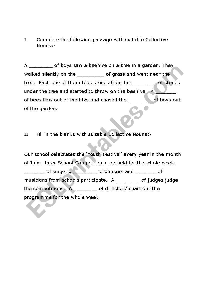 Excercise on Collective Nouns worksheet