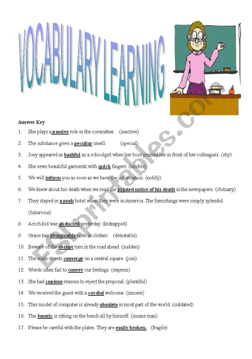 Vocabulary Learning (Answers) worksheet