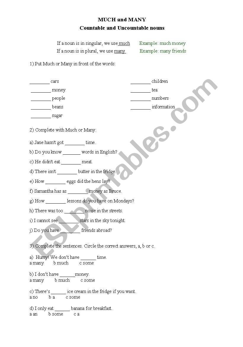 Much and Many exercises worksheet