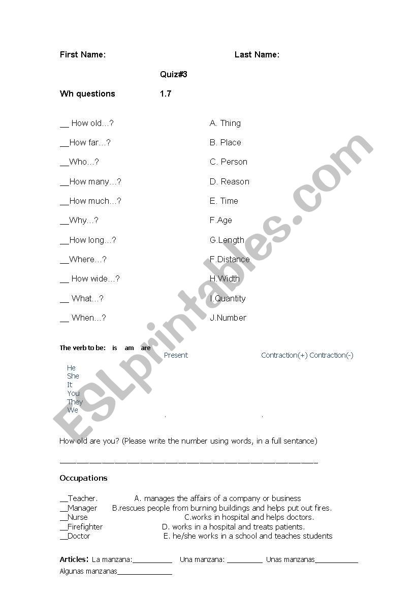 Wh questions Quiz worksheet