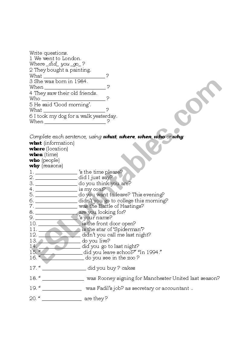 question worksheet