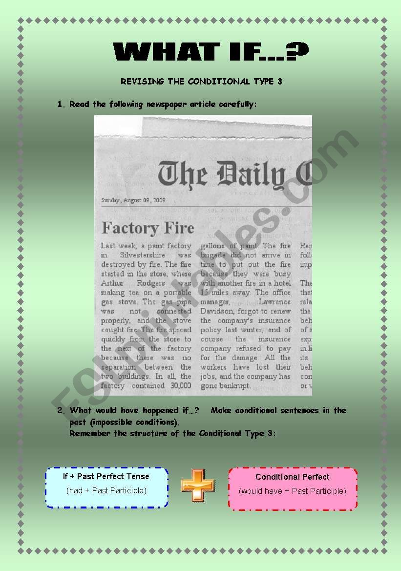 What if...?  Factory Fire! - Conditional Type 3  -  2 pages + key