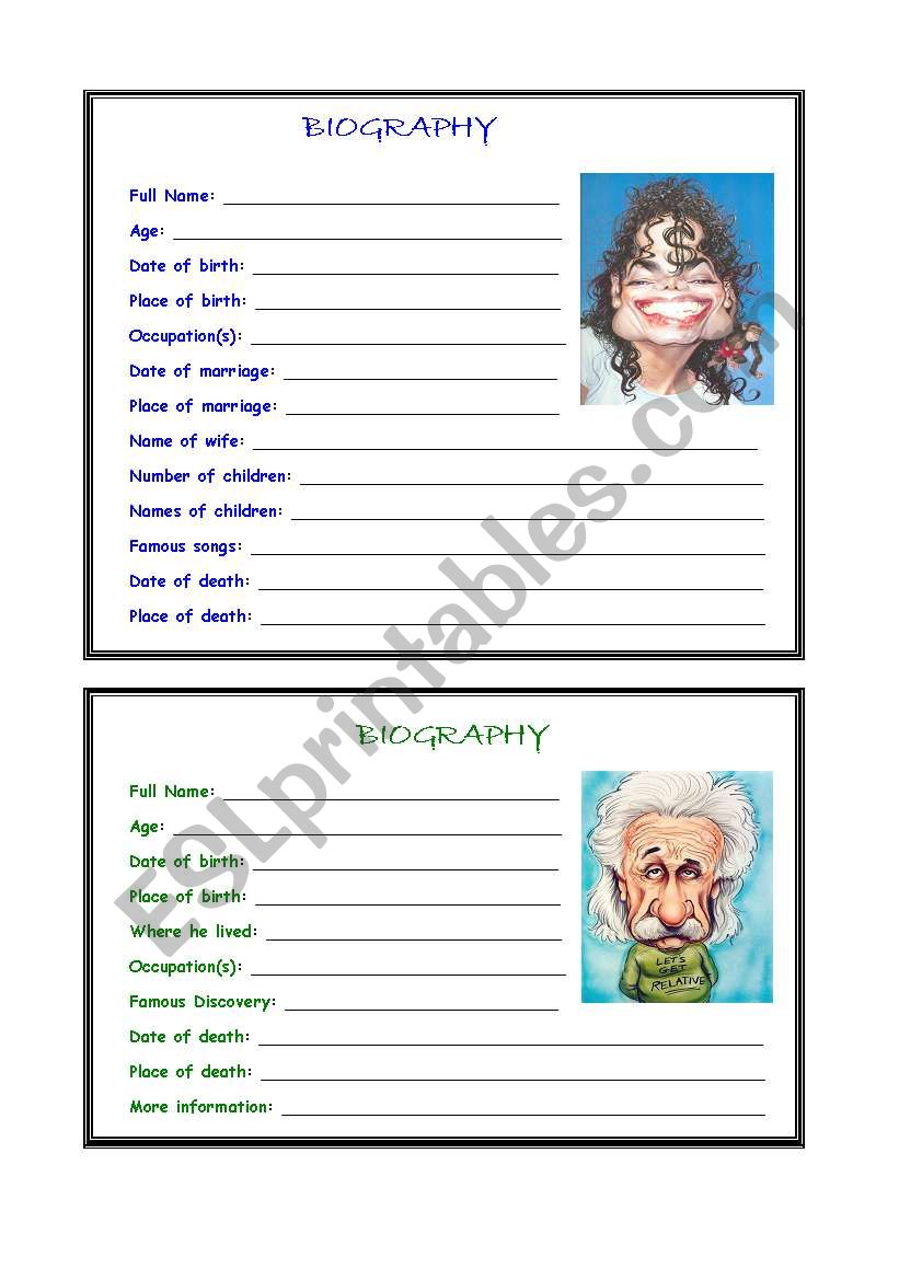 Write biographies worksheet