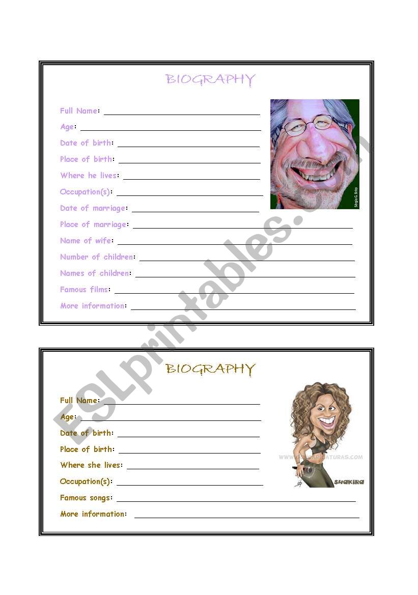 writing a biography esl printables