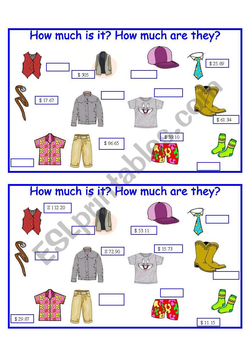 How Much - Male clothes worksheet