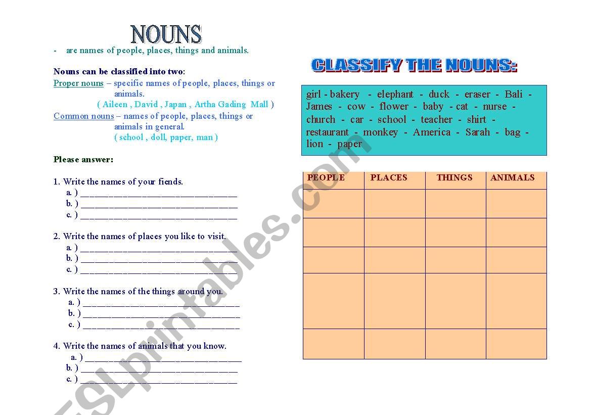 nouns worksheet
