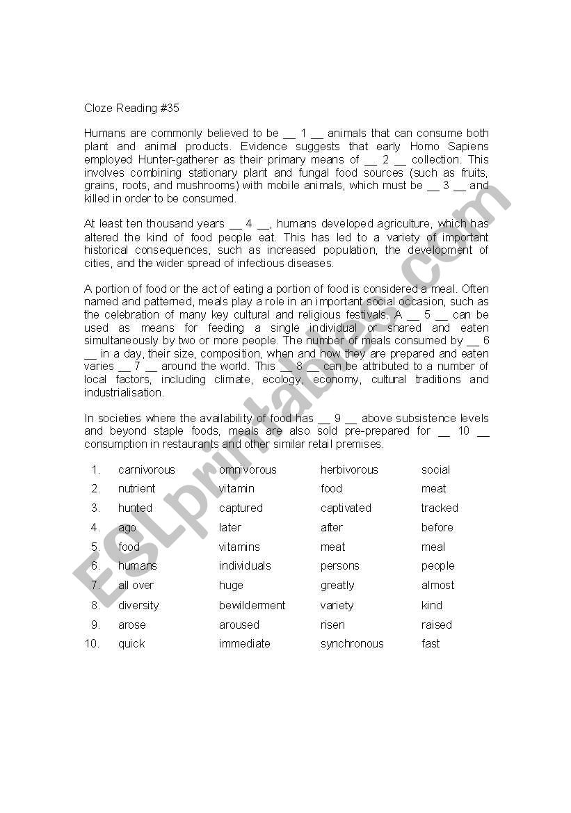 cloze reading worksheet