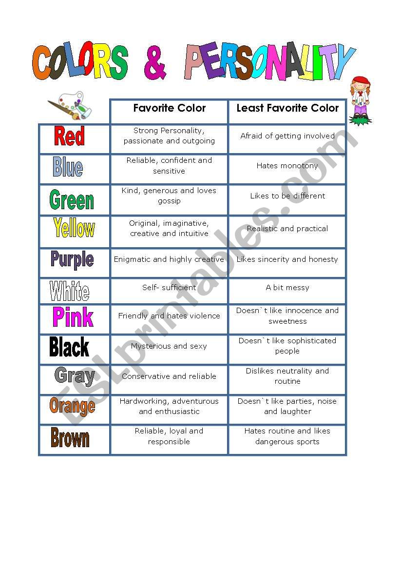 Colors and personality worksheet