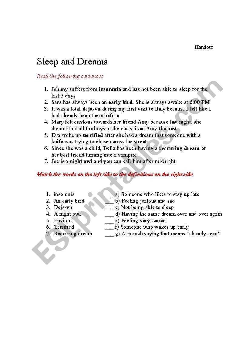 Sleep and Dreams worksheet