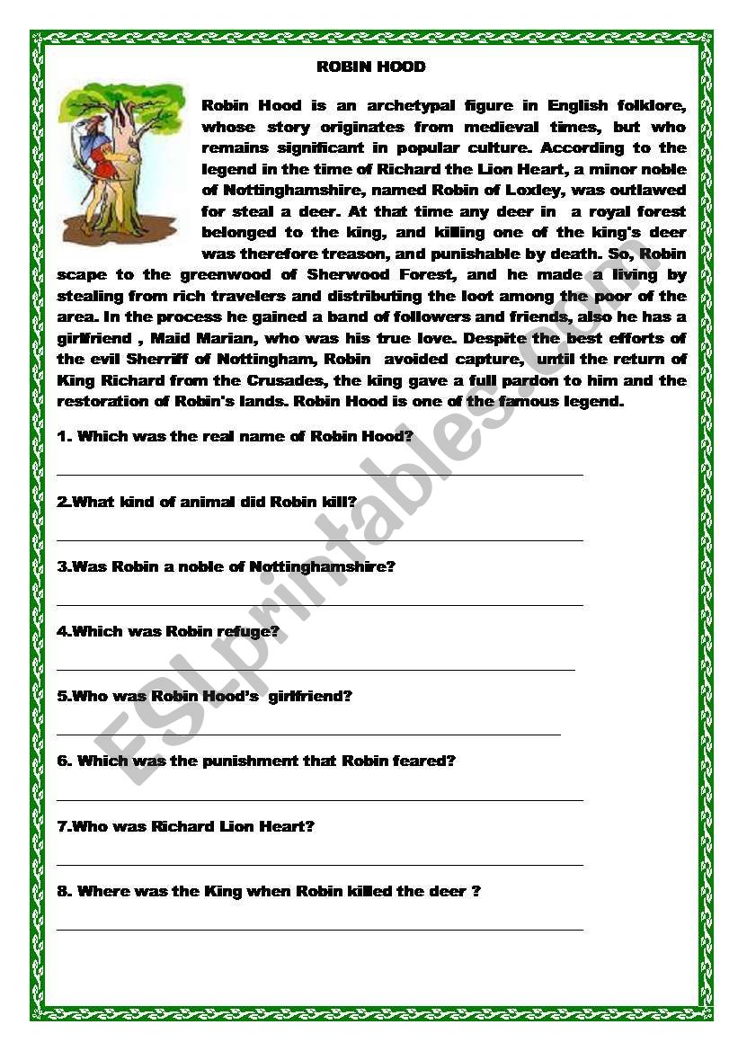 robin hood reading and wh questions match esl worksheet by ilona