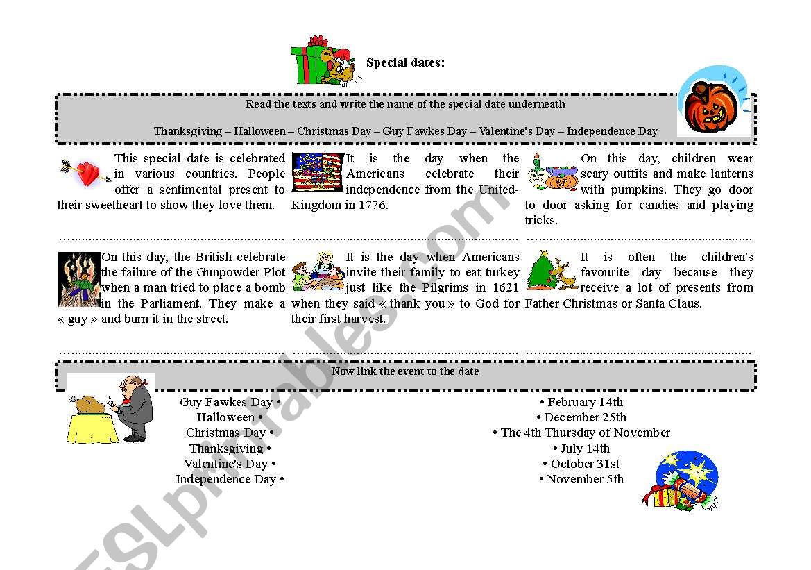 Special Dates worksheet