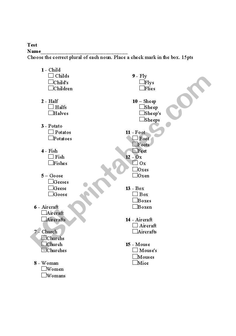 Plural of nouns worksheet