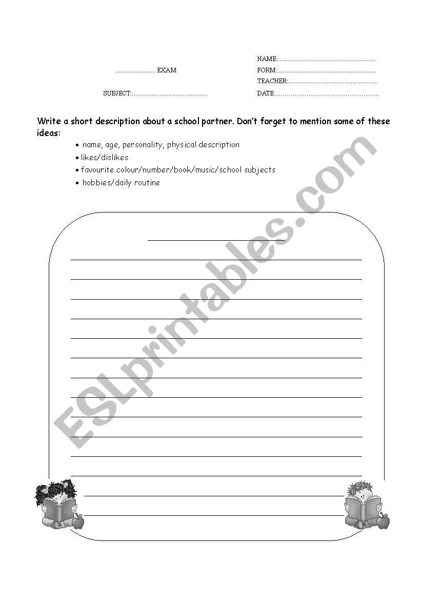 Writing Exam for 4th form worksheet