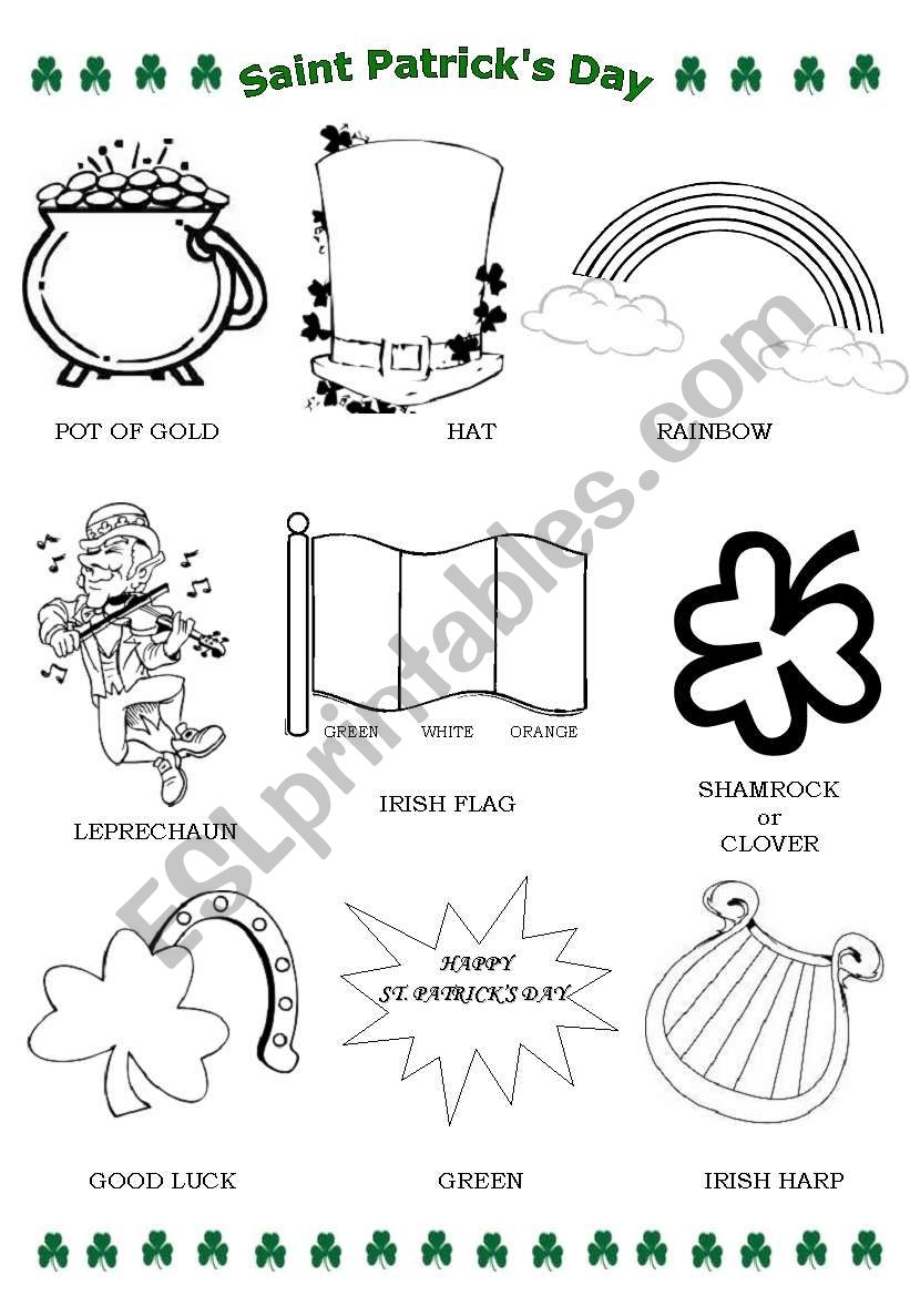 Coloring activity and exercises about St. Patricks Day
