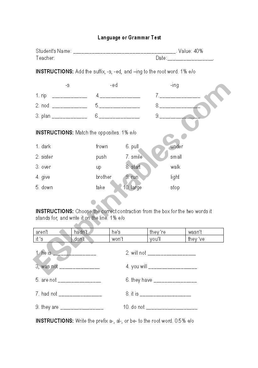 Language or Grammar Test worksheet