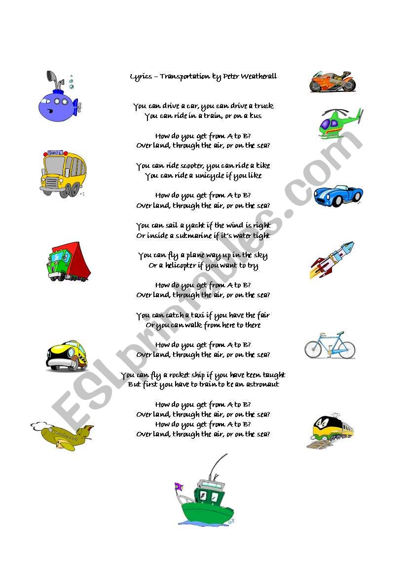 Means of Transportation Song worksheet