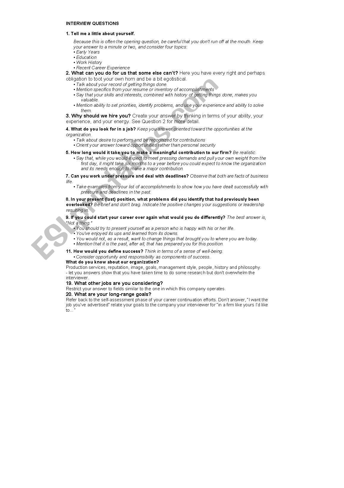 INTERVIEW QUESTIONS worksheet