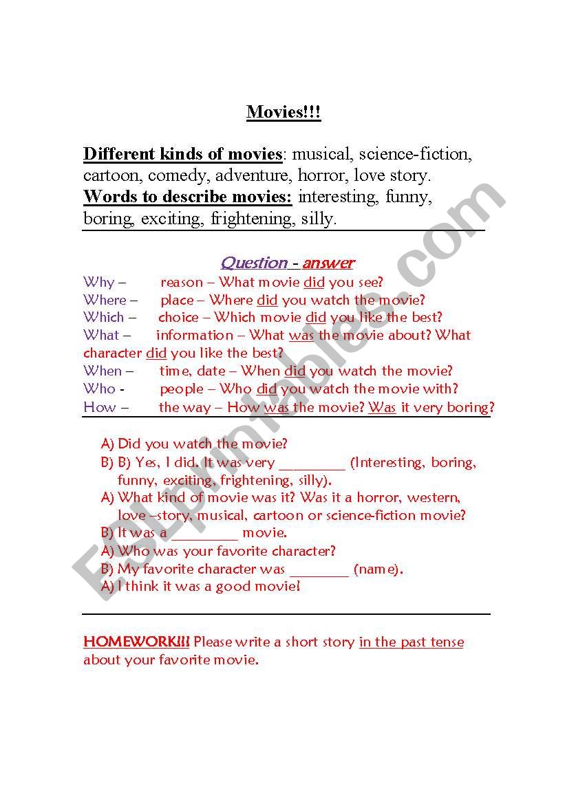 Film Genres, past tense and WH questions