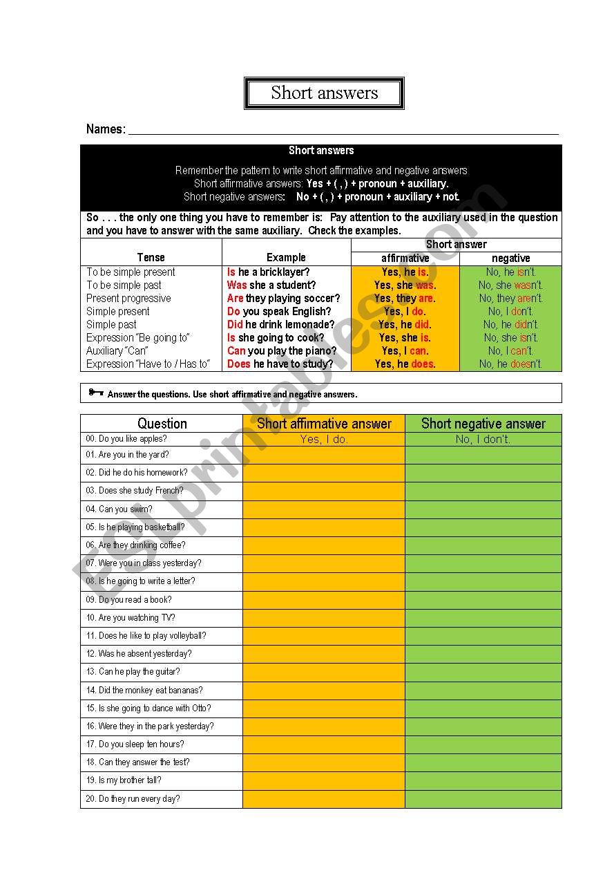 Short answers  worksheet